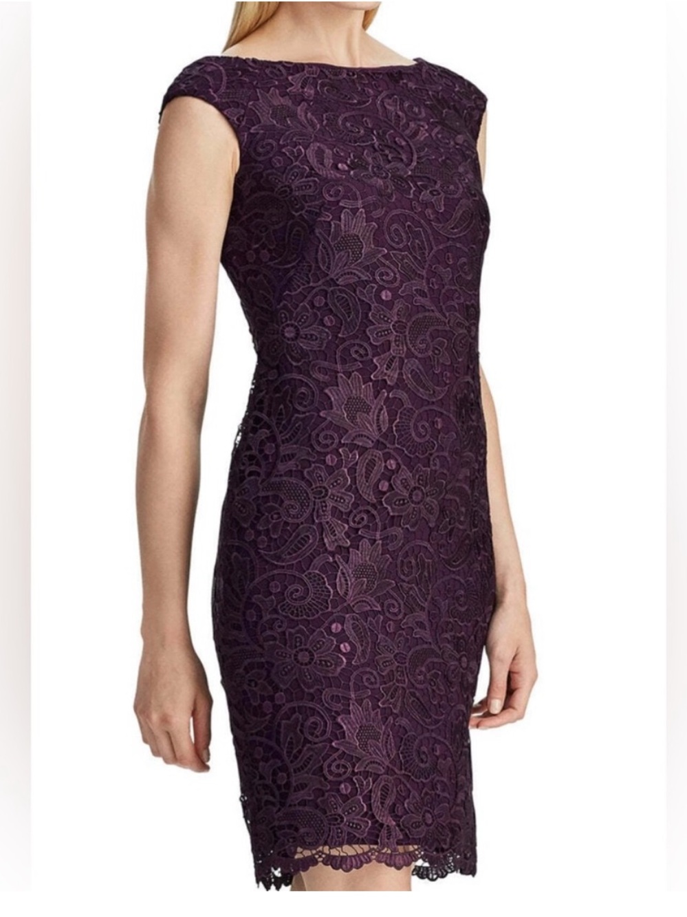 Ralph Lauren Scalloped Lace Sheath Dress Eggplant/Deep Plum Classic Elegant Sz 4 - Picture 2 of 8